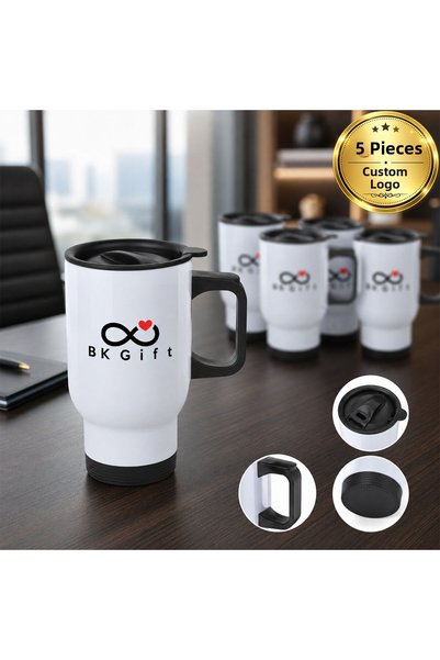 Bk Gift مجموعة من 5 أكواب حرارية بيضاء بسعة 430 مل، مزودة بمقابض فولاذية، مصم...