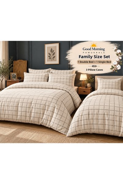 GOOD MORNİNG PAMUKKALE Family-Size 2-Piece Cream Checked Bedding Set—Reversib...