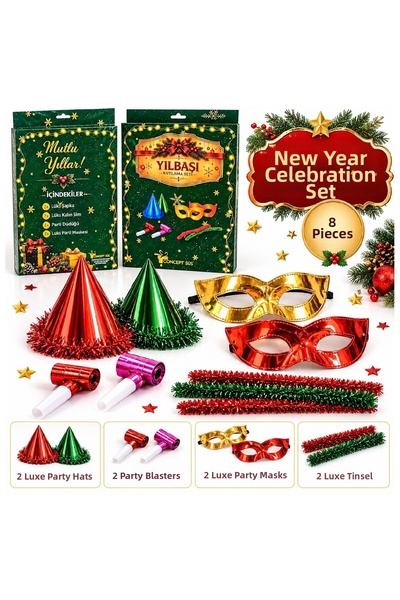 Bkmc 8-Piece New Year's Party Set: Hat, Mask, Whistle, Glittery Decorations, ...