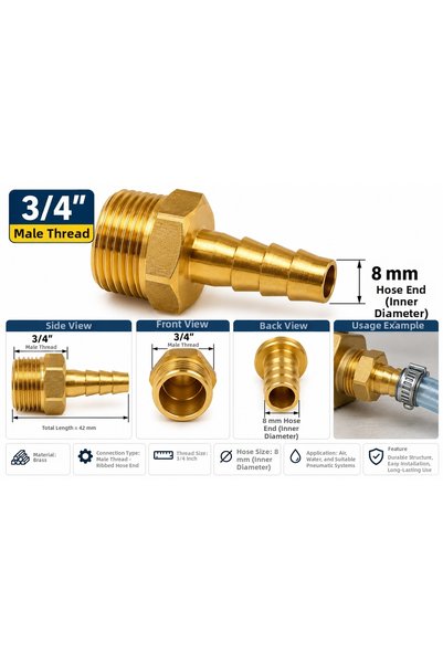Generic Brand 3/4-Inch 8 mm Yellow Brass Male Hose Nipple – Serrated Hose Con...