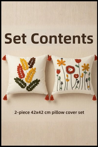 cottoncloth Set of 2 Decorative Cushion Covers with Embroidered Ears of Wheat...