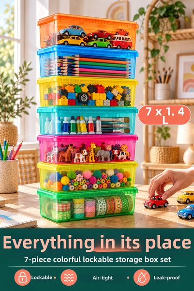 Kitchen Vogue Set of 7 Colorful Storage Containers with Lids and Locks, Each ...