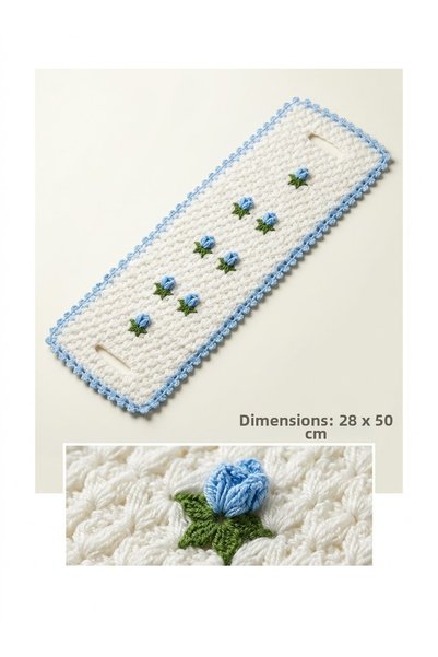 Emal Home Handmade Blue Bud Long Wedding Trousseau Towel with Detailed Handles
