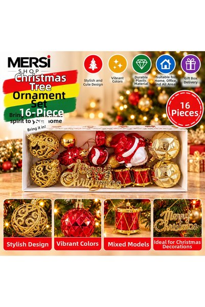Mersi SHOP مجموعة زينة شجرة عيد الميلاد باللونين الأحمر والذهبي، تتكون من 16 ...