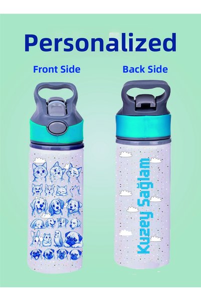 DKDZ SHOP Blue Water Bottle with Metal Straw - 600 ml. - 010