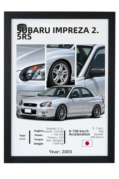 gxe.art Subaru Impreza 2.5RS, poster cu design Rally argintiu, cu ramă neagră...