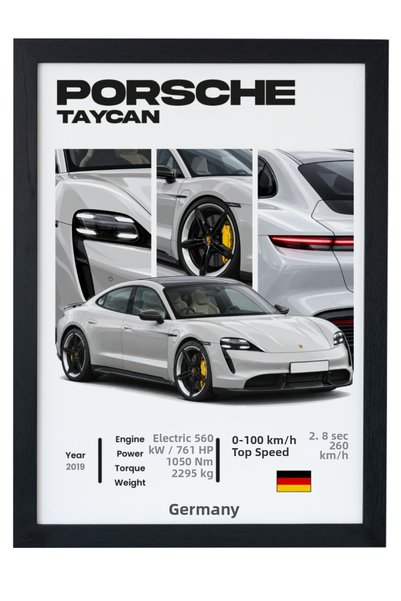 gxe.art Poster cu design Porsche Taycan Sedan Sport Electric, cu ramă neagră,...