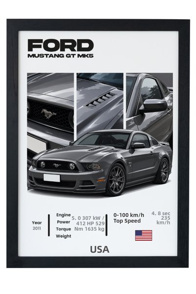 gxe.art Ford Mustang GT Mk6, design Muscle Car gri, poster cu ramă neagră, de...
