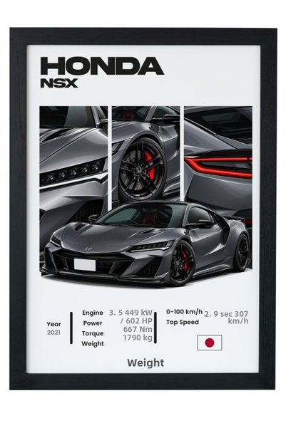 gxe.art Honda NSX Gri, mașină sport japoneză de top, poster cu ramă neagră, t...