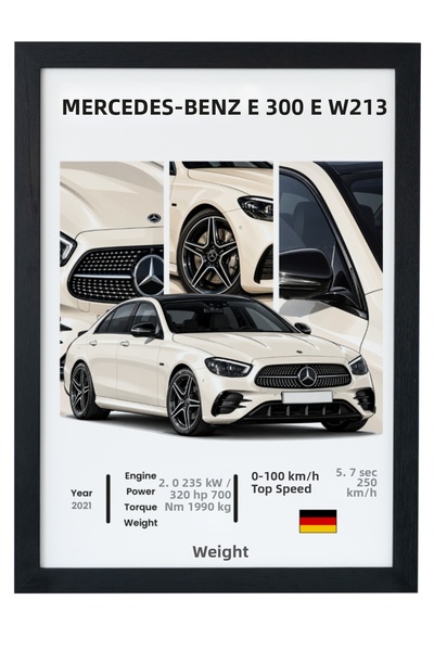 gxe.art Mercedes-Benz E 300 e W213 Sedan de lux alb, poster cu ramă neagră, d...