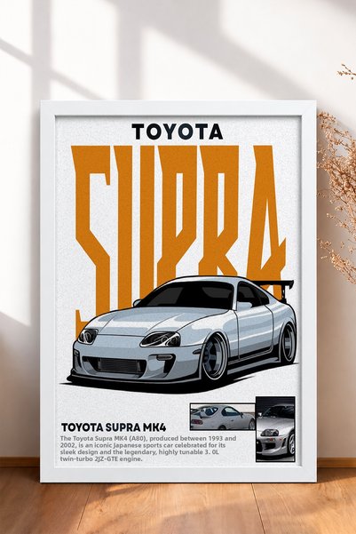 HOMEPACK Silver Japanese Sports Car Poster with Orange Text in a Frame—Car Po...