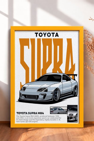 HOMEPACK Silver Japanese Sports Car Poster with Orange Text in a Frame—Car Po...