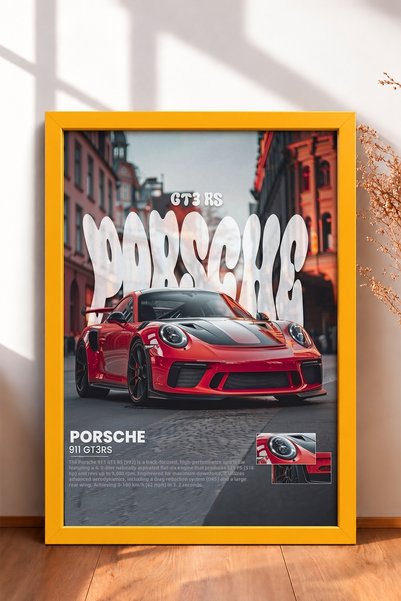 HOMEPACK Red German Sports Car Framed Painting on City Street—Car Poster Wall...