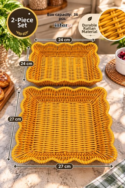 İnterlife Set of 2 Rattan Baskets: Yellow Checked-Weave Bread Basket and Brea...