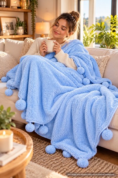 Özgüner Oyuncak Single-Person Plush Blanket with Pom-Poms—Soft-Textured TV an...