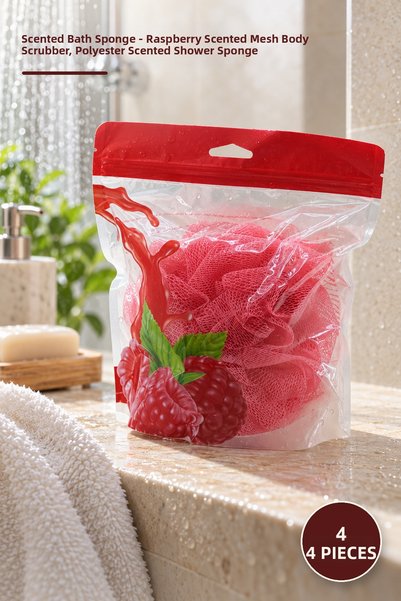 Yenilig 4 Soap-Infused Bath Sponges – Raspberry-Scented Mesh Body Sponges, Po...