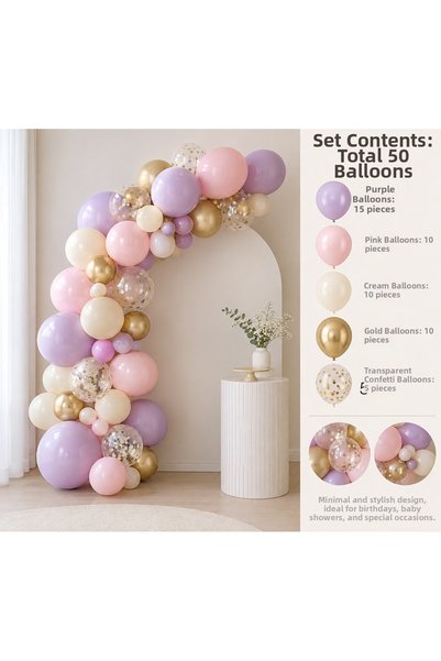 Öztürkpartievi Lilac Pink Cream Gold Transparent Confetti Balloon Garland Set...