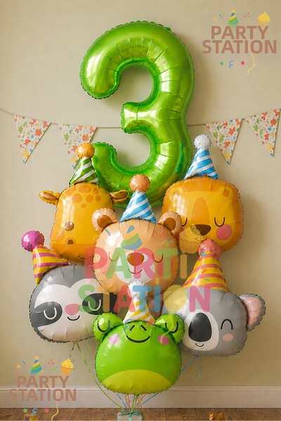 Parti Station Safari Animals Theme 3-Year-Old Green Balloon Set, 7-Piece Anim...