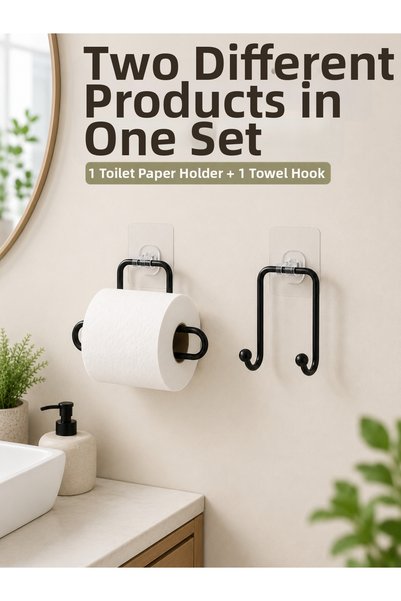 ucuzteknom Practical Adhesive Roll Paper Holder and Towel Cloth Hanger 2-Piec...