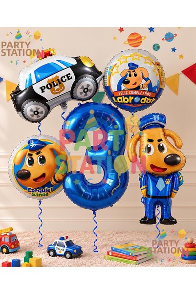 Parti Station Dog Sheriff Labrador Concept 3-Year-Old Balloon Set, 5 Pieces, ...