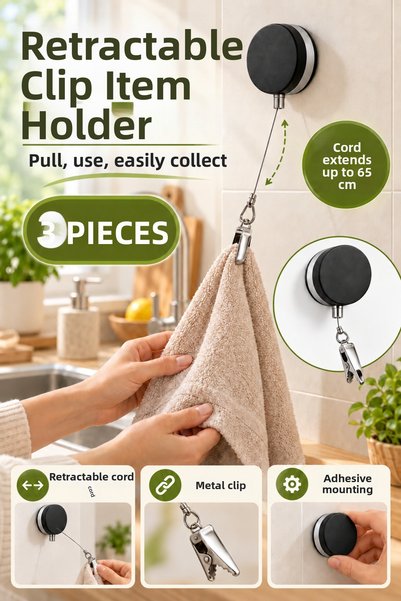 sonx 65 cm Reel-Type Towel and Item Holder with Adhesive, Retractable Wall Mo...