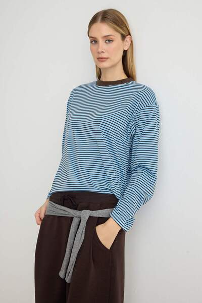 Trendyol Collection Light Blue Striped Oversize/Wide Cut Crew Neck Knitted T-...