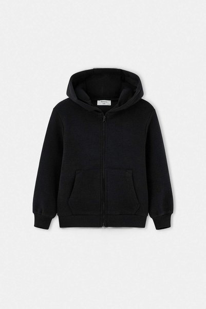 TRENDYOLKIDS Black Boys' Plain-Knit Long-Sleeve Hooded Sweatshirt TKDAW27SW00056
