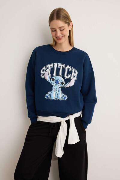 Trendyol Collection Navy Blue Stitch Licensed Thick Fleece Lined Oversize Kni...