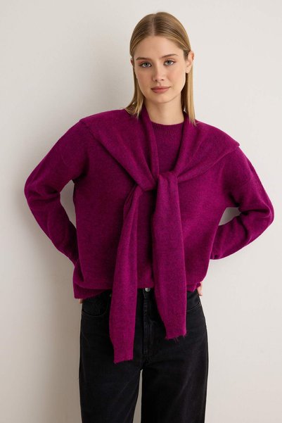 Trendyol Collection Purple Soft Textured Wide Fit Shawl Knitwear Sweater Twoa...