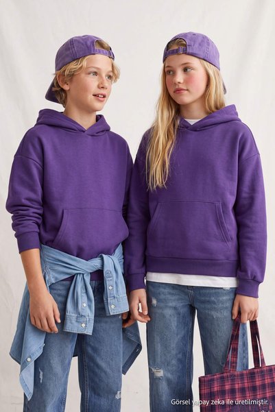 TRENDYOLKIDS Purple Girls'/Boys' Cotton Hooded Plain-Knit Sweatshirt TKDAW27S...