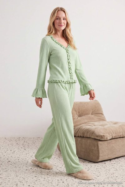 Trendyol Collection Light Green 100% Cotton Plain Ruffle Pointel Knitted Paja...
