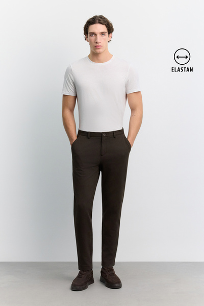 Avva Men's Brown Classic Waist Cotton Blend Elastane Relaxed Fit Trousers A62...