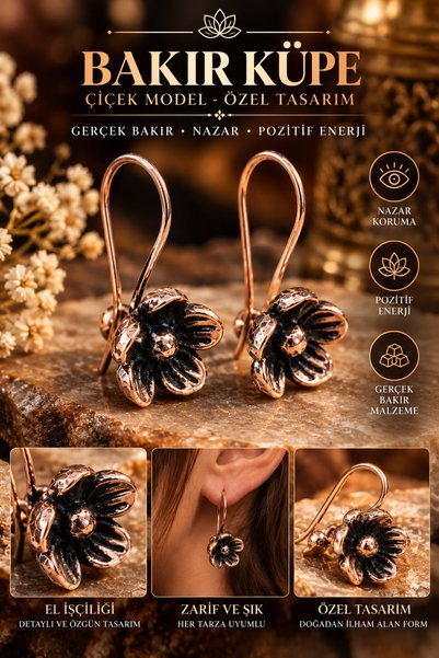 NBS Beautiful Naturel Stones Bakır Küpe Saf Gerçek Kaliteli Çiçek Modelli