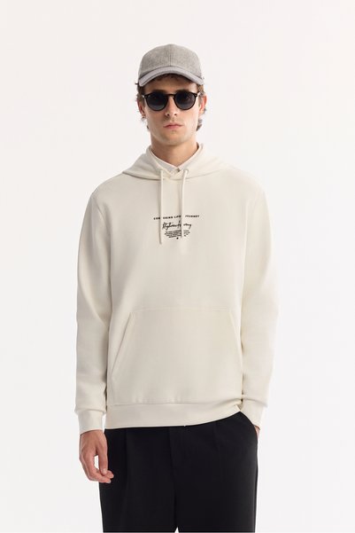 Avva Men's Ecru Hooded Cotton Bi-Stretch Printed Regular Fit Sweatshirt A52Y1211