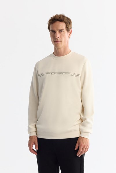 Avva Men's Ecru Crew Neck Printed Soft Touch Regular Fit Sweatshirt A42Y1307