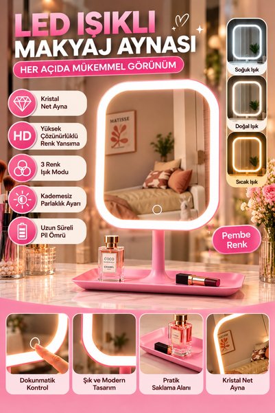 Reoona LED Işıklı Makyaj Aynası – Dokunmatik, 3 Işık Modlu, Şık Tasarım