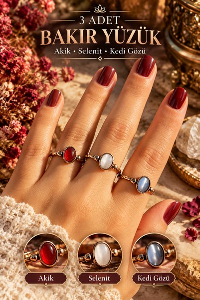 NBS Beautiful Naturel Stones Bakır Gerçek Akik , Kedi Gözü , Selenit 3 Adet Y...