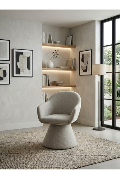 IN HOME STORE كرسي استرخاء عصري بتصميم دائري وقاعدة مخروطية - لون بيج