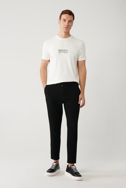 Avva Men's Black Elastic Waist and Lace-Up Bi-Stretch Relaxed Fit Pants A41Y3232