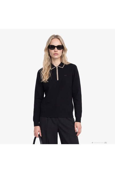 Lacoste Kadın Regular Fit Polo Yaka Siyah Kazak