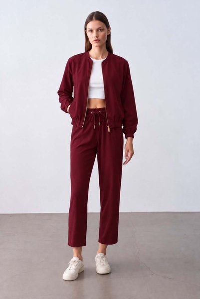 Maldia Shop Jachetă cu fermoar pentru femei, pantaloni, set roșu claret