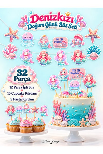 Hiras Dizayn 32Parça Denizkızı Deniz Dev Doğum Günü Süsü Banner Pasta Kürdanı...