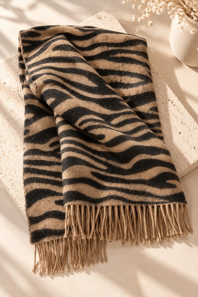 Aquasis Milan - Kadın Vizon Bej Siyah Zebra Desenli Püsküllü Şal Atkı 66x195 ...