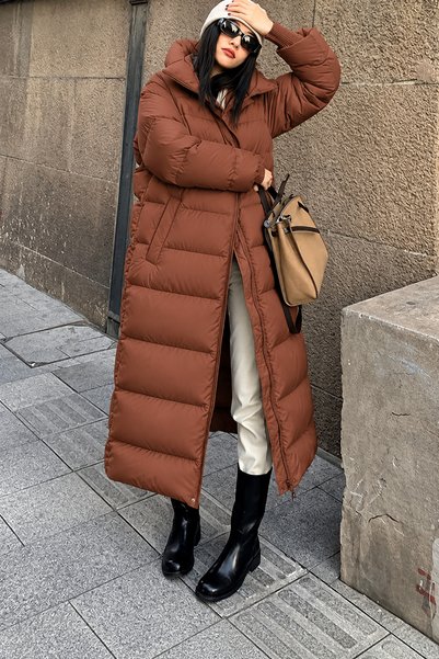 Raben Women's Wide Stand Collar Zippered Maxi Length Long Puffer Coat