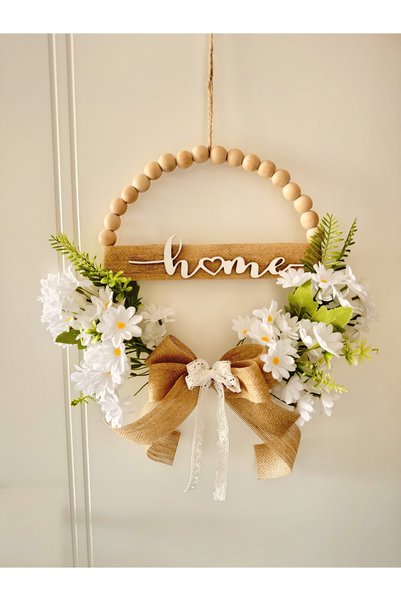 MACROMEKİDS Home Written Daisy Wooden Beaded Door Wreath - Spring Themed Deco...