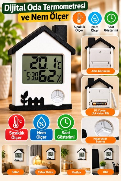 BRE HOME Dijital Oda Termometresi ve Nem Ölçer Saatli Higrometre, Sıcaklık Öl...