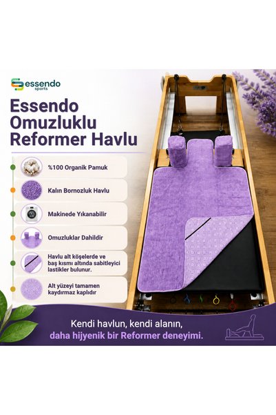 ESSENDO LİLA MOR PİLATES OMUZLUKLU REFORMER HAVLU SETİ '%100 ORGANİK PAMUK' K...