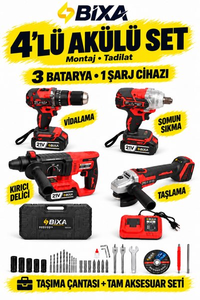 bixa BX040 Profesyonel 21V 4'lü set 3 Akülü El Aletleri Seti- Darbeli Matkap+...