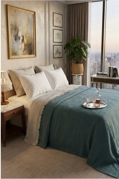 VESSİNOHOME Pure Series Double Muslin Bedspread (220×240) 100% Cotton, 4 Laye...