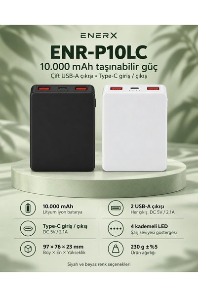 ENERX ENR-P10LC 10.000 mAh 2.1A Powerbank Siyah